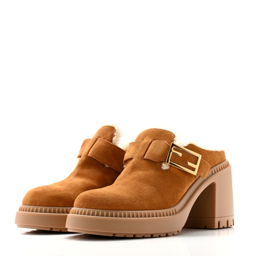 Fendi Tan Suede Shearling-Lined Mules with Gold Buckle